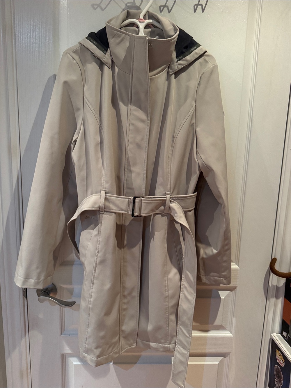 Calvin Klein Cream Belted Trench Coat with Hood